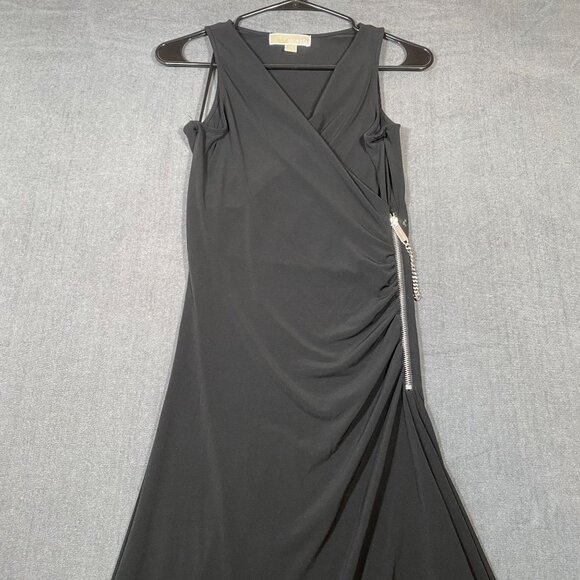 Michael Kors Black Sleeveless Ruched Asymmetrical Hem Dress W/ Chain Womens XS - Picture 1 of 9